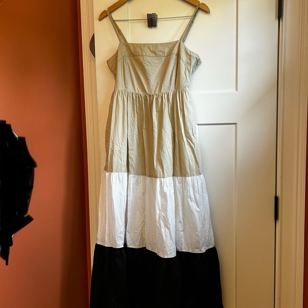 J. Crew Tan, White, and Black Midi Dress